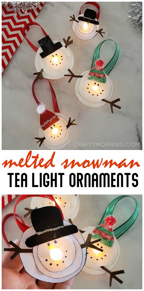 Melted Snowman Tea Light Ornaments- cute christmas craft for kids to make. Homemade ornaments art project. DIY project. Snowman craft. Tea Light Ornaments, Craft Snowman, Tea Light Crafts, Tea Lights Christmas, Diy Snowman Decorations, Tea Light Snowman, Advent Crafts, Snowman Crafts Diy, Melted Snowman