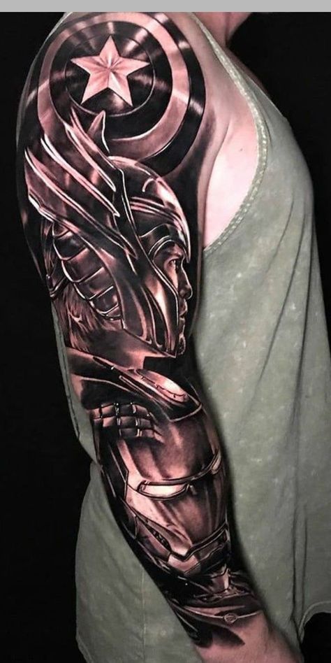 Iron Man Sleeve Tattoo, Marvel Full Sleeve Tattoo, Marvel Half Sleeve Tattoo, Marvel Tattoos Black And White, Marvel Tattoos Sleeve, Avengers Sleeve Tattoo, Thor Tattoo Marvel, Superhero Tattoos For Men, Marvel Sleeve Tattoo