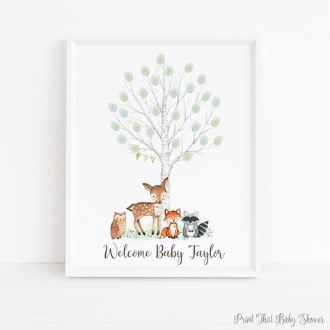 Baby Shower Fingerprint Guest Book - Woodland Baby Shower - Personalized Alternative Guest Book - Fingerprint Tree - Woodland 2 Guest Book Fingerprint, Welcome Baby Signs, Baby Shower List, Baby Shower Fingerprint, Theme Bapteme, Baby Shower Guest Book Alternative, Fingerprint Guestbook, Baby Guest Book, Floating Balloons