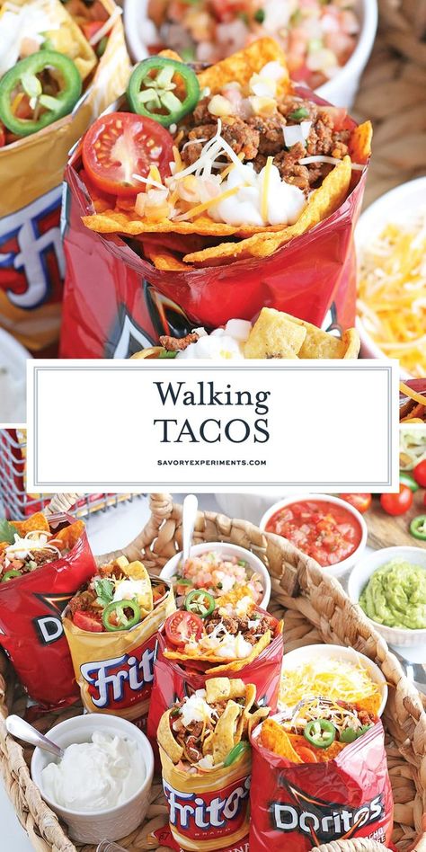 Tacobar Party, Walking Taco Bar, Walking Tacos Recipe, Walking Taco, Tacos Mexicanos, Easy Taco Recipes, Ready Meals, Walking Tacos, Lake Food Ideas