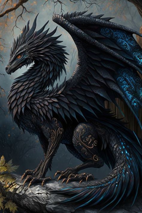 A black feathered dragon perches on a ledge high at the top of the forest. Dragon Pictures Drawings, Dragon With Feathers, Black Dragon Painting, Dragon With Black Background, Black Dragon Art, Feathered Dragon Art, Black Feathered Dragon, Hebridean Black Dragon, Dragons With Feathered Wings