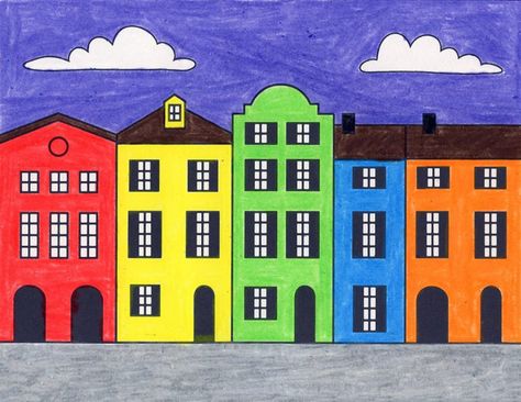 How to Draw Row Houses · Art Projects for Kids House Drawing For Kids, Landmarks Art, House Colouring Pages, Row Houses, Cartoon House, Building Drawing, Art Projects For Kids, House Sketch, Building Art