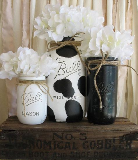 cow decor | Of 3 Painted Mason Jars, Rustic Country Cow Print Kitchen Decor, Cow ... Cow Print Kitchen, Jars Crafts, Cowgirl Decor, Cow Kitchen, Country Cow, Pint Mason Jars, Sale Ideas, Cow Decor, Jar Ideas