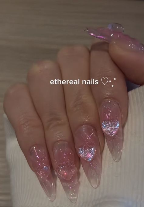 Stilleto Jelly Nails, Korean Gel X Nails, Korean Nails Aesthetic, Pink Jelly Nails Acrylic, Pink Fairy Nails, Ulzzang Nails, Clear Pink Nails, Pink Shimmer Nails, Pink Jelly Nails