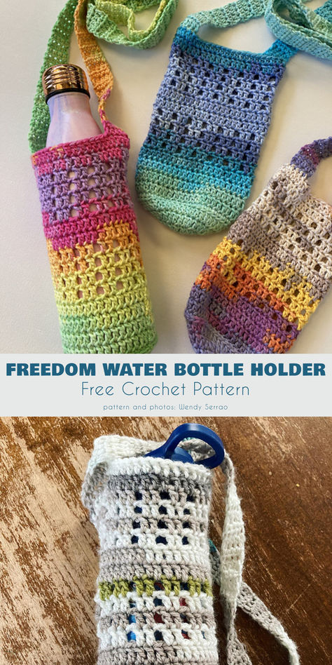 Free crochet patterns for water bottle holders are a perfect accessory for yoga practitioners, offering a stylish and convenient way to carry hydration. You can add adjustable straps for easy portability. Handmade bottle holder also allow you to adjust the pouch for any bottle size you have. Mat Bag Yoga, Easiest Crochet, Crochet Water Bottle, Bags Video, Bottle Cozy, Crochet Water Bottle Holder, Ripple Stitch, Handbags Patterns, Yarn Patterns