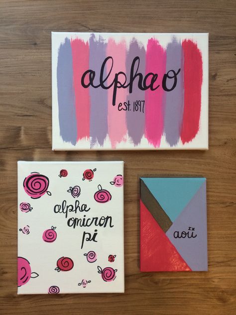 Aoii Canvas Ideas, Aoii Aesthetic, Alpha Omicron Pi Canvas, Adpi Paintings, Dphie Canvases, Aoii Paintings, Diy Sorority Crafts, Aoii Canvas, Sorority Letters Painted