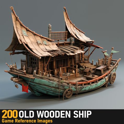 Pirate Cabin Concept Art, Boat Workshop, Fantasy Ship, Ship House, Medieval Japanese, Game Level Design, Model Sailing Ships, Pagoda Lanterns, Pirate Boats