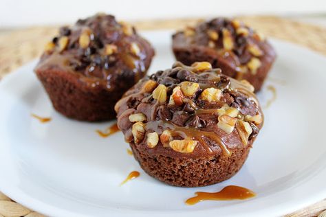 Turtle Muffins -- Chocolate Muffins with a Pecan-Chocolate Chip-Caramel Sauce Topping Turtle Muffins, Patis Mexican Table, Pati Jinich, Caramel Cupcakes, Mexican Table, Cupcake Muffins, Mini Chocolate Chips, Chocolate Cupcakes, Vegetarian Chocolate