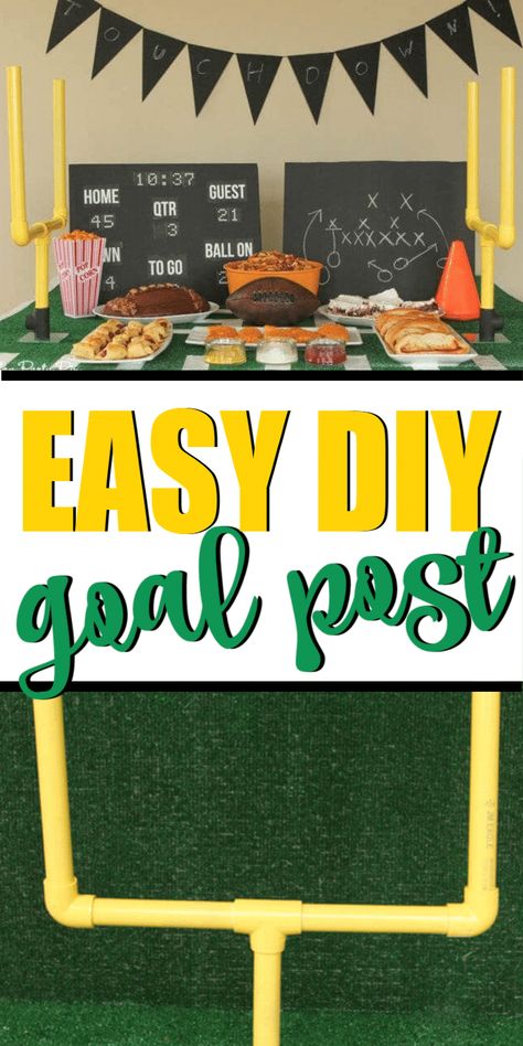 Superbowl Diy Decor, Diy Football Themed Birthday Party, Diy Tailgate Decorations, Super Bowl Table Decorations, Football Party Centerpieces Diy, Outdoor Football Party Ideas, First Year Down Football Birthday Diy, Super Bowl Party Decorations Diy, Diy Field Goal Post