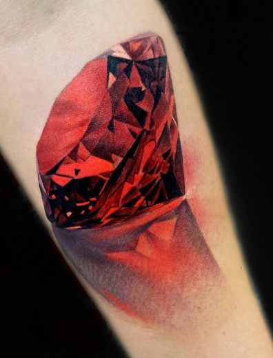 Realistic ruby tattoo on arm. Red jewel. By Matt Jordan of Ship Shape tattoos, Auckland, NZ. (https://www.facebook.com/shipshapetattoonz/photos_stream ) diamond tattoo Ruby Tattoo, Tato 3d, Diamond Tattoo Designs, Diamond Tattoo, Gem Tattoo, Jewel Tattoo, Shape Tattoo, Diamond Tattoos, Cheryl Cole