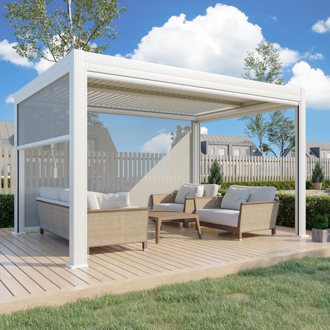 Outdoor Louvered Pergola with Adjustable Aluminum Rainproof Roof - Bed Bath & Beyond - 35781802 Half Pergola Half Covered, Pergola Patio With Roof, White Aluminum Pergola, Open Pergola, Curtains Patio, White Pergola, Roof Waterproofing, Louvered Pergola, Patio Pergola