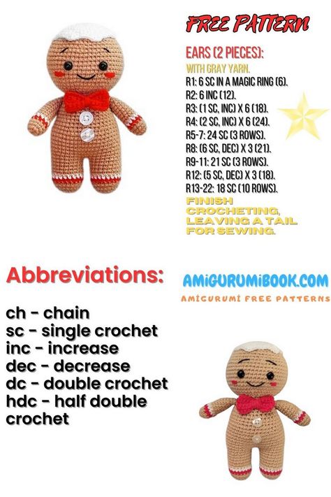 Gingerbread Amigurumi Free Pattern – Create Festive Crochet Delights! – Amigurumibook.com Gingerbread Amigurumi, Crochet Ornaments Free Pattern, Crochet Project Free, Doll Amigurumi Free Pattern, Free Amigurumi Crochet Patterns, Crochet Game, Amigurumi Christmas, Crochet Xmas, Animal Sewing Patterns