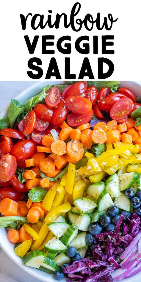 This beautiful Rainbow Veggie Salad is packed with tons of healthy fruits and veggies and is great for a side salad at dinner or you can add some protein to it and make it lunch! Kids also love helping making this salad and might just get them excited about eating it! #rainbowfood #rainbowsalad #priderecipe #dinnersalad #sidesalad Vegetable Cleanse, Fruit And Vegetable Diet, Rainbow Diet, Kid Friendly Salad, Salads For Kids, Lunch Kids, Veggie Diet, Rainbow Salad, Rainbow Food