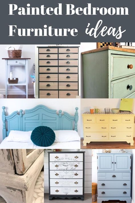 See a handful of ideas for painting bedroom furniture. From paint to stain to finishing techniques, see ideas on how to update old dressers, bed side tables and any bedroom furniture. The post Ideas for Painting Bedroom Furniture appeared first on Repurpose and Upcycle. Painted Pine Bedroom Furniture, Repaint Bedroom Furniture, Painted Bedroom Furniture Ideas Colour, Paint Bed Frame, Painting Bedroom Furniture, Ideas For Furniture, Trending Furniture, Recycling Crafts, Ideas For Painting