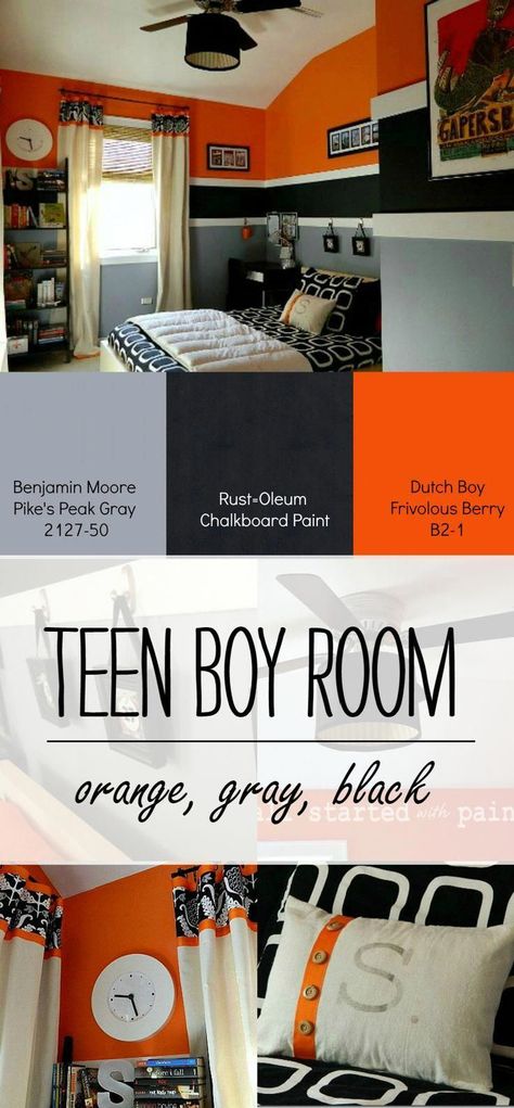 Teen Boy Bedroom Idea in Orange, gray, black #bunkbedsforkidsboys Yellow Boys Room, Kid Bedrooms, Boys Bedroom Paint, Teenager Bedroom Boy, Teenage Boy Room, Orange Rooms, Room Tips, Teen Boy Room, Bedroom Orange