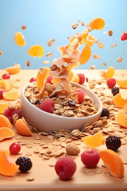 A 3d image of granola | Premium Photo #Freepik #photo #muesli #oatmeal #granola #breakfast-cereal Breakfast Creative Ads, Cereal Photography, Granola Photography, Cereals Photography, Instant Porridge, Oatmeal Granola, Ad Sports, Healthy Cereal, Granola Breakfast