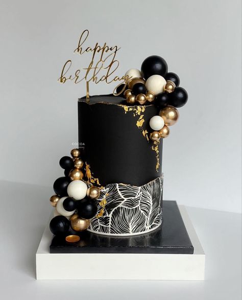 Birthday Cake For Women Black And Gold, Black And Gold 35th Birthday, 50th Bday Cake For Women, Cake Designs Black And Gold, Black White Gold Cake, Black And Gold Birthday Cake, Simple Birthday Cake Designs, Gold And White Cake, Golden Birthday Cakes