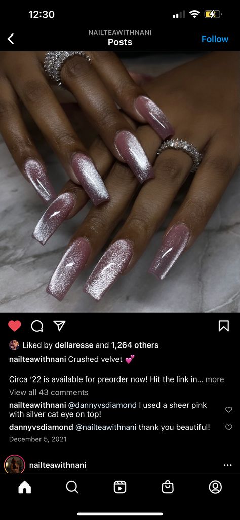 Silver Chrome Nails Black Women, Velvet Dip Nails, Crushed Velvet Nails, Acrylic Dip Powder Nail Ideas, Matte Cateye Nails, Pink Cats Eye Nails Design Ideas, Velvet Cat Eye Nails, Cat Eye Polish Designs, Light Pink Cat Eye Nails