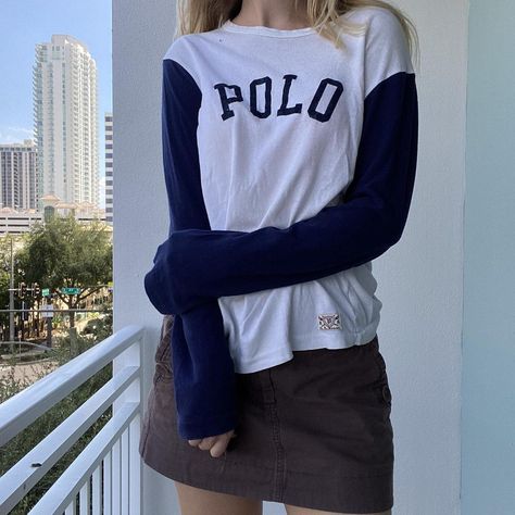 Vintage polo baseball tee🤎 Details: Cream & navy... - Depop Prep Aesthetic, Aesthetic Navy, Just Sold, Cozy Fits, Vintage Polo, Baseball Tee, Girl Outfits, Casual Outfits, Baseball