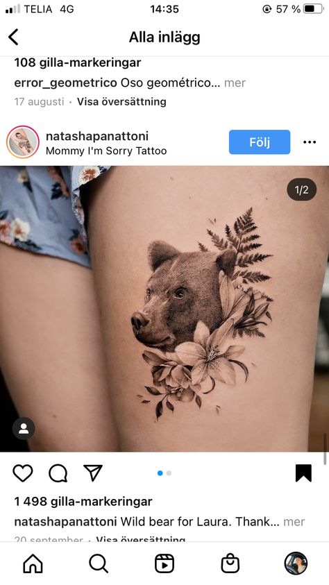 Bear Tattoo Mandala, Bear Arm Tattoo Women, Bear Feminine Tattoo, Bear Sunflower Tattoo, Outdoor Leg Tattoo, Woman Bear Tattoo, Bear With Honey Tattoo, Mama Bear With Cubs Tattoo, Bear Tattoos With Flowers