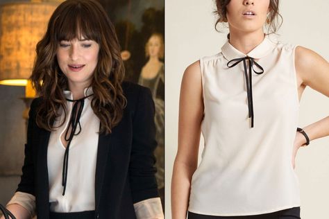 The black-ribbon blouse Anastasia Steele Dress, Anastasia Steele Style, Eloise Mumford, Anastasia Steele Outfits, Dakota Johnson Jamie Dornan, Dakota Johnson Street Style, 50 Shades Freed, Grey Outfits, Anastasia Grey