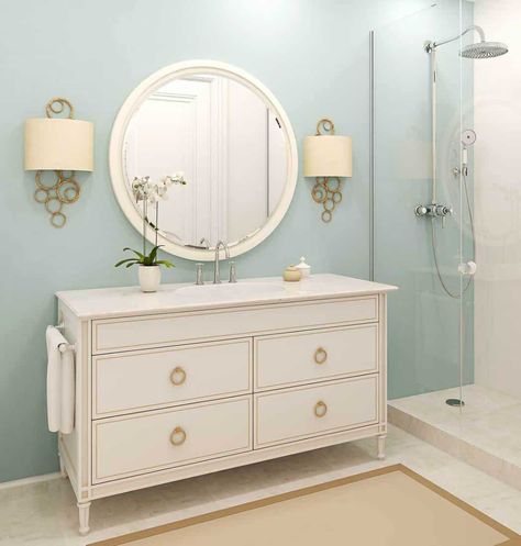 27 Blue Bathroom Ideas [With Pictures] - Home Decor Bliss Bathroom Paint Colors With Beige Tile, Bathroom Beige Tile Color Schemes, Bathroom With Beige Tile, Bathroom Beige Tile, Classic Style Bathroom, Beige Tile Bathroom, Blue Bathroom Ideas, Beige Floor Tile, Vintage Bathroom Vanity