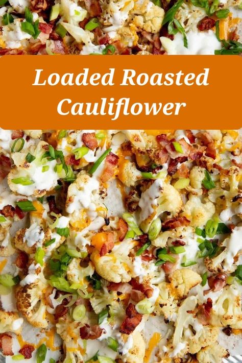 Tender, caramelized roasted cauliflower is loaded with tangy ranch, crisp bacon, fresh green onions, and sharp cheddar cheese for an addicting side dish! Cauliflower Breadsticks, Roasted Cauliflower Recipe, Cauliflower Recipe, Cooking Guide, Crumbled Bacon, Sharp Cheddar, Sharp Cheddar Cheese, Breadsticks, Cauliflower Recipes