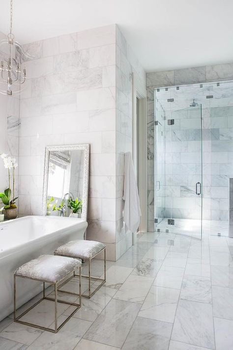 Staggered Polished Marble Bathroom Floor Tiles - Transitional - Bathroom Bathroom Remodel Grey Floor, Marble Shower Walls, Grey Marble Floor, Marble Floor Tiles, Marble Bathroom Floor, Frameless Glass Doors, Black Floor Tiles, Shower Wall Tile, Marble Wall Tiles