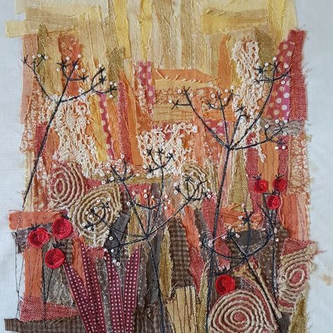 Autumn glory Textile Art Embroidery, Creative Textiles, Fabric Postcards, Picture Quilts, Free Motion Embroidery, Textile Fiber Art, Fabric Book, Sewing Art, Art Textile