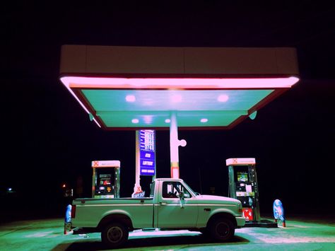 #desert #gas station #ford #truck #neon Pink Gas Station, 80s Gas Station Aesthetic, Desert Gas Station Aesthetic, Liminal Gas Station, Small Town Gas Station, Neon Desert Aesthetic, 80s Gas Station, Neon Gas Station, Desert Gas Station