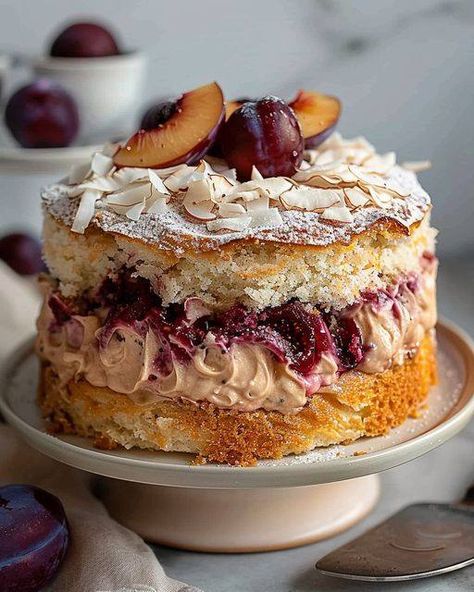 Old fashioned recipes | Here's the detailed recipe for Louise Cake with Plum and Coconut: | Facebook Plum Dessert Recipes, Old Fashion Cake, Louise Cake, Scandinavian Baking, Plum Cake Recipe, Fashion Cake, Plum Cake, Star Food, Delicious Cake Recipes