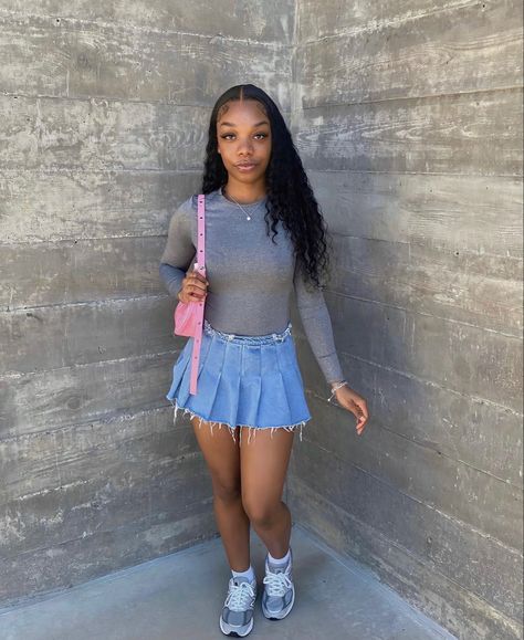 Grey Bubble Slides Outfit, Outfits With Jean Skirts Black Women, School Outfits Dress Code Friendly, Color Cordinate Outfit, Teen Birthday Outfits, Easter Outfits Black Women, Back To School Outfits Highschool Senior, Jean Skirt Outfits Black Women, Denim Skirt Outfit Black Women