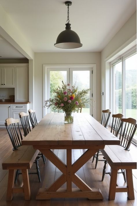 Spacious living area featuring a distressed wood farmhouse table with bench and chairs Dining Room Table Diy, Custom Dining Table, Farmhouse Table With Bench, Diy Dining Room Table, Custom Dining Tables, Diy Farmhouse Table, Diy Dining, Farmhouse Dining Table, Diy Farmhouse