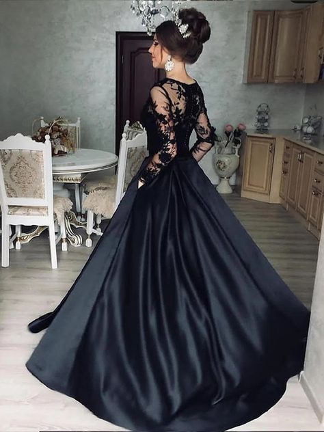 Princess Dress Prom, Wednesday Addams Family, Black Lace Evening Gown, Long Sleeve Ball Gowns, Satin Ball Gown, Gown Princess, Gothic Wedding Dress, Lace Evening Gowns, Goth Wedding