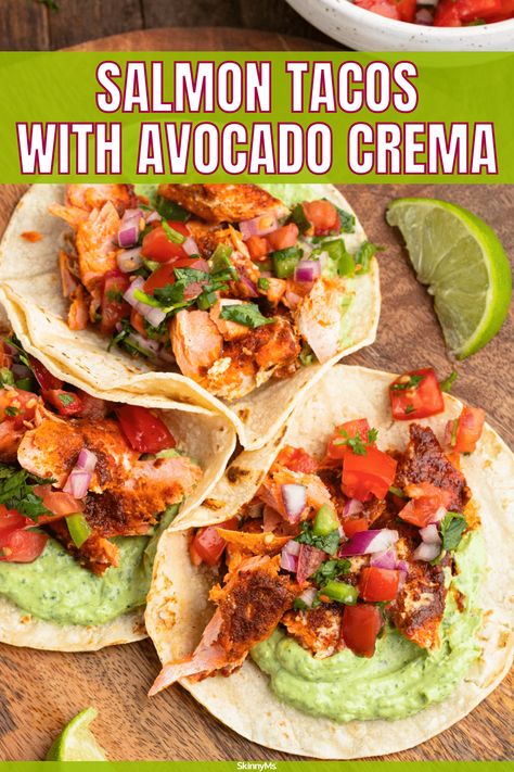 Salmon Tacos with Avocado Crema Avocado Crema Recipe, Homemade Cabbage, Salmon Fish Tacos, Salmon Tacos Recipe, Crema Recipe, Tacos With Avocado, Tacos Dorados, Recipe Salmon, Recipes Salmon