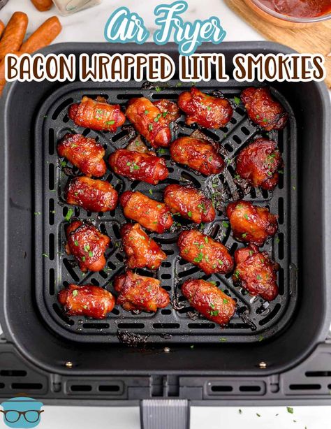 These Air Fryer Bacon Wrapped Lit'l Smokies are an absolutely scrumptious appetizer or snack! They take minutes to make with only 4 ingredients! Bacon Wrapped Lil Smokies, Bacon Wrapped Sausages, Bacon Bbq Sauce, Bacon Wrapped Smokies, Air Fryer Bacon, Sauce Cocktail, Slow Cooker Salisbury Steak, Bbq Bacon, Country Cook