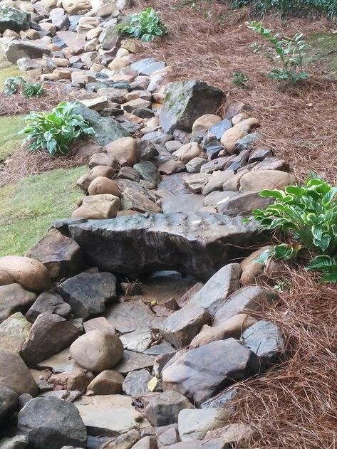 Mulch Landscaping Ideas Diy, Dry Riverbed Landscaping, Dry River Bed, Dry Stream, Pond Bridge, Creek Ideas, Drainage Ditch, Yard Drainage, Rain Gardens