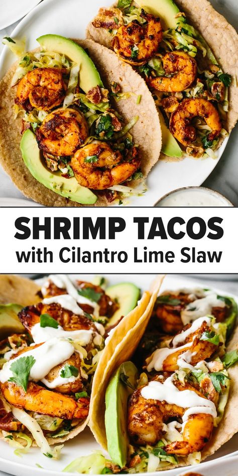 Bacon Slaw, Shrimp Taco Recipe, Easy Shrimp Tacos, Cilantro Lime Shrimp Tacos, Tempting Food, Spiced Shrimp, Street Taco Recipe, Lime Slaw, Southwest Recipes