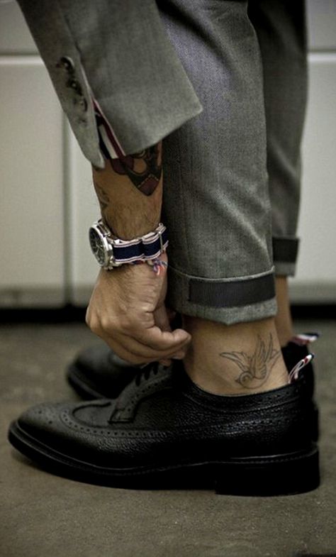 <3 Ankle Tattoo Men, Shoe Tattoos, Trash Polka, Ankle Tattoo, Trendy Tattoos, Thom Browne, Daily Fashion, Gq, Loafers Men