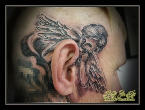 An angel for Doug - Dolly's Skin Art Tattoo Kamloops BC Good And Evil Tattoos, Best Neck Tattoos, Side Neck Tattoo, Tattoo Neck, Gangsta Tattoos, Evil Tattoos, Hand Tattoos For Girls, Devil Tattoo, Unalome Tattoo