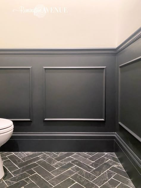 Diy Molding Wall, Hanging Bed Diy, Moody Powder Room, Applied Molding, Molding Wall, Installing Wainscoting, Painted Wainscoting, Wainscoting Styles, Chair Rail Molding