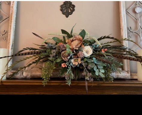 Rustic Farmhouse Wood Limb and Flower Centerpiece With or - Etsy Rustic Flower Arrangements For The Home, Mantel Flower Arrangements, Log Mantle, Headstone Arrangements, Moody Western, Pheasant Feather Decor, Mantel Flowers, Sitting Elegantly, Cemetery Ideas