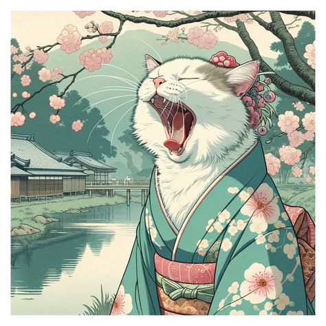 Sleepy Cat in a Kimono #spring #sakura #cherryblossom Kimono Art Illustrations, Cat Drawing Japanese, Monmon Cats, Cute Kimono, Cutest Kitten, Cats In Japanese Art, Cat In Kimono Art, Geisha Kimono Pattern With Butterflies, Japanese Mythology