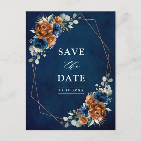 Terracotta Navy Blue Greenery Save the Date Postca Postcard Navy And Terracotta Wedding, Navy And Terracotta, Terracotta Wedding Invitations, Navy Blue Terracotta, Flower Oasis, Color Roses, Blue Terracotta, Terracotta Wedding, Terracotta Color