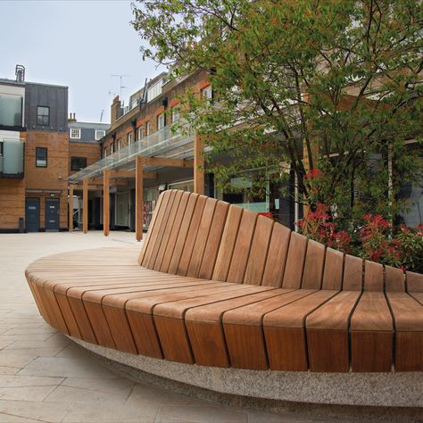 A prestigious location required some extra special custom seating. #woodscape #streetfurniture #hardwood #designthenation Park Bench Design, Outdoor Bench Seating, Cheap Patio Furniture, Parks Furniture, Cheap Patio, Public Seating, Wall Seating, Desain Lanskap, Landscape Architecture Design