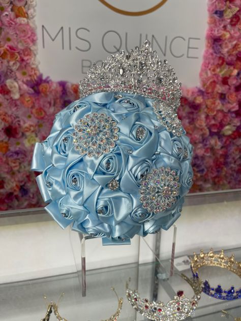 Quince Bouquet Blue, Crowns For Quinceanera Blue, Baby Blue Floral Quince Dresses, Quinceanera Crown Light Blue, Quince Flower Bouquets Blue, Baby Blue Quinceanera Dresses, Baby Blue Quince, Royal Blue Bouquet, Quinceanera Flowers