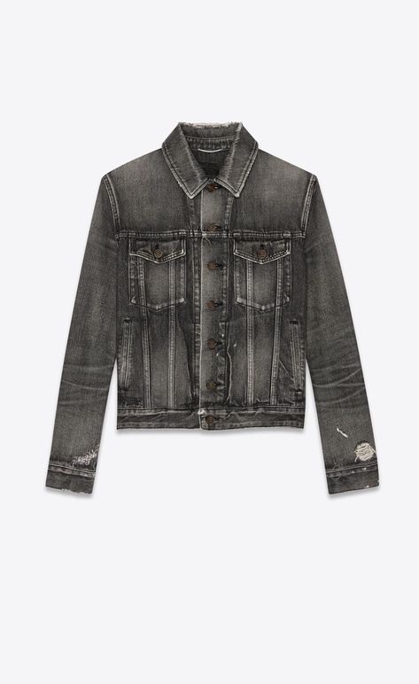 Saint Laurent Outfit, Destroyed Denim Jacket, Saint Laurent Jeans, Destroyed Denim, Jeans Jacket, Denim Jackets, Airport Style, Black Denim, Jean Jacket