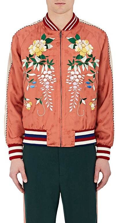 Gucci Men's Flower-Embroidered Bomber Jacket Boomer Jacket, Mens Long Jacket, Mens Flight Jacket, Flower Jacket, Gucci Mens, Blouson Jacket, Men's Jackets, Men's Outerwear, Floral Jacket