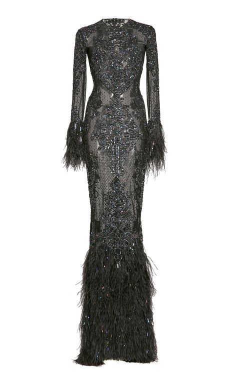 Beaded And Feather-Trimmed Silk Gown by ZUHAIR MURAD Now Available on Moda Operandi Zuhair Murad Dresses, Drag Queen Outfits, Long Sleeve Velvet Dress, Silk Gown, Zuhair Murad, Feather Dress, Formal Attire, Luxury Brands, Elie Saab