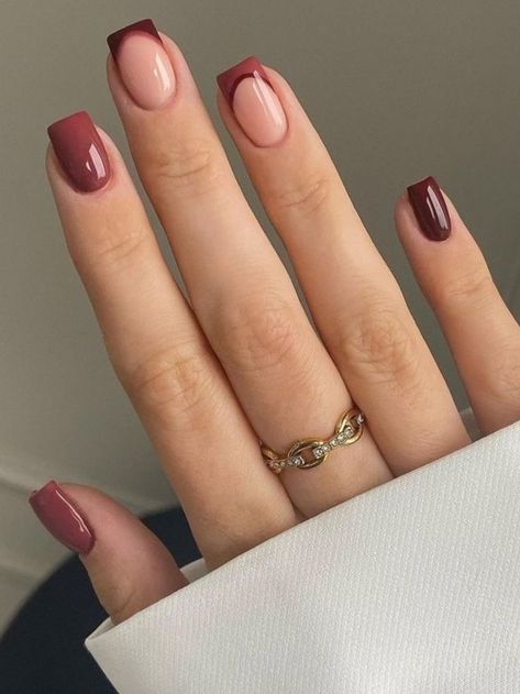 Burgundy Biab Nails, Nail Tip Designs Square, Classy French Tip Nails Square, Color Nail Tips French Fall, Simple Builder Gel Nail Designs, Berry French Tip Nails, Fall French Nails 2023, Maroon Square Nails, Nail Designs Trending Now Simple